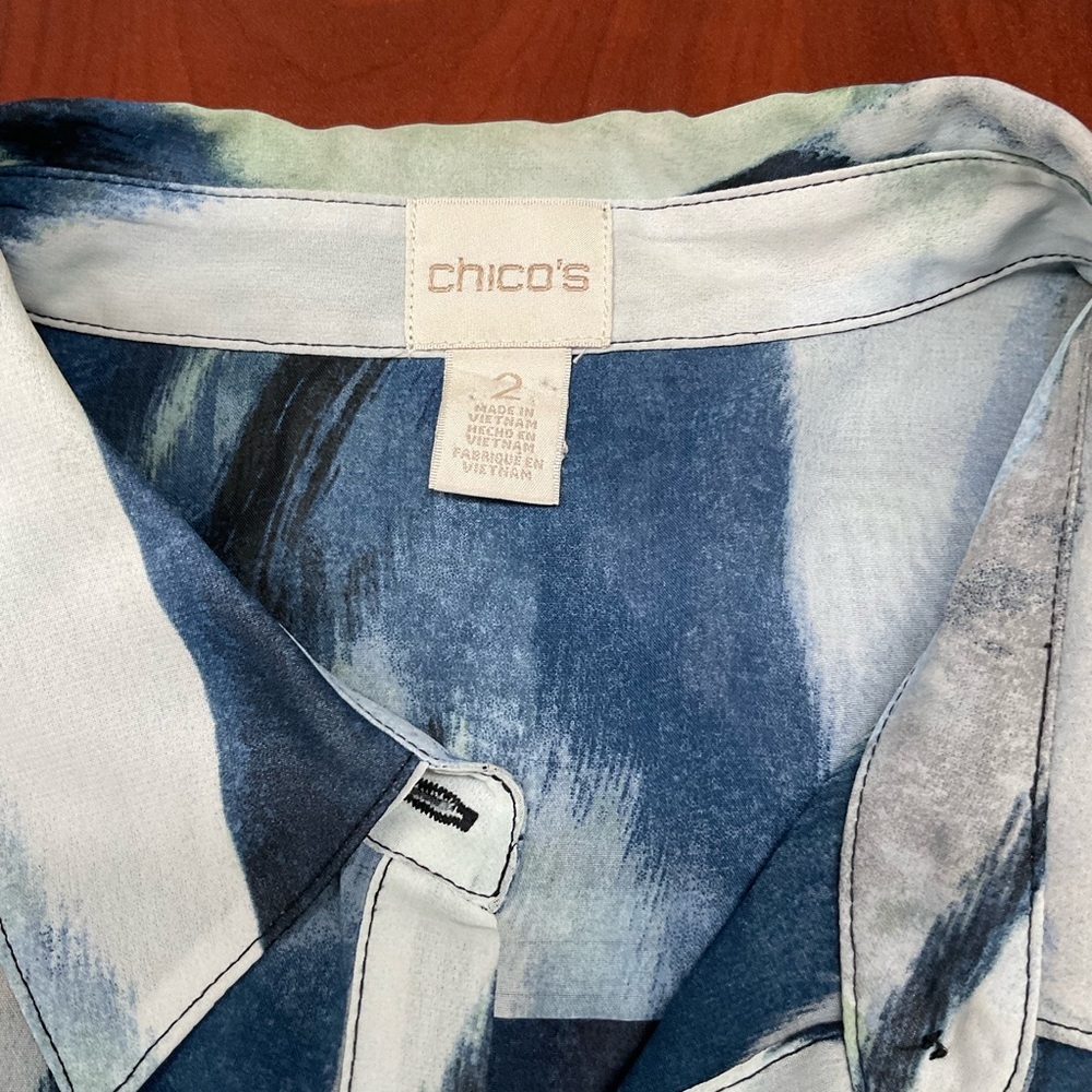 Chico's Bliss Annika Sheer Tunic Abstract Print Blouse Blue Sz 12 (M) Chico’s 2) - Picture 8 of 10